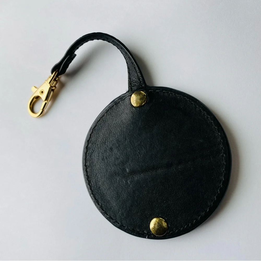 Tory Burch Black Leather Mirror/Bag Charm + Fossil Brass Leather Key Bag Charm